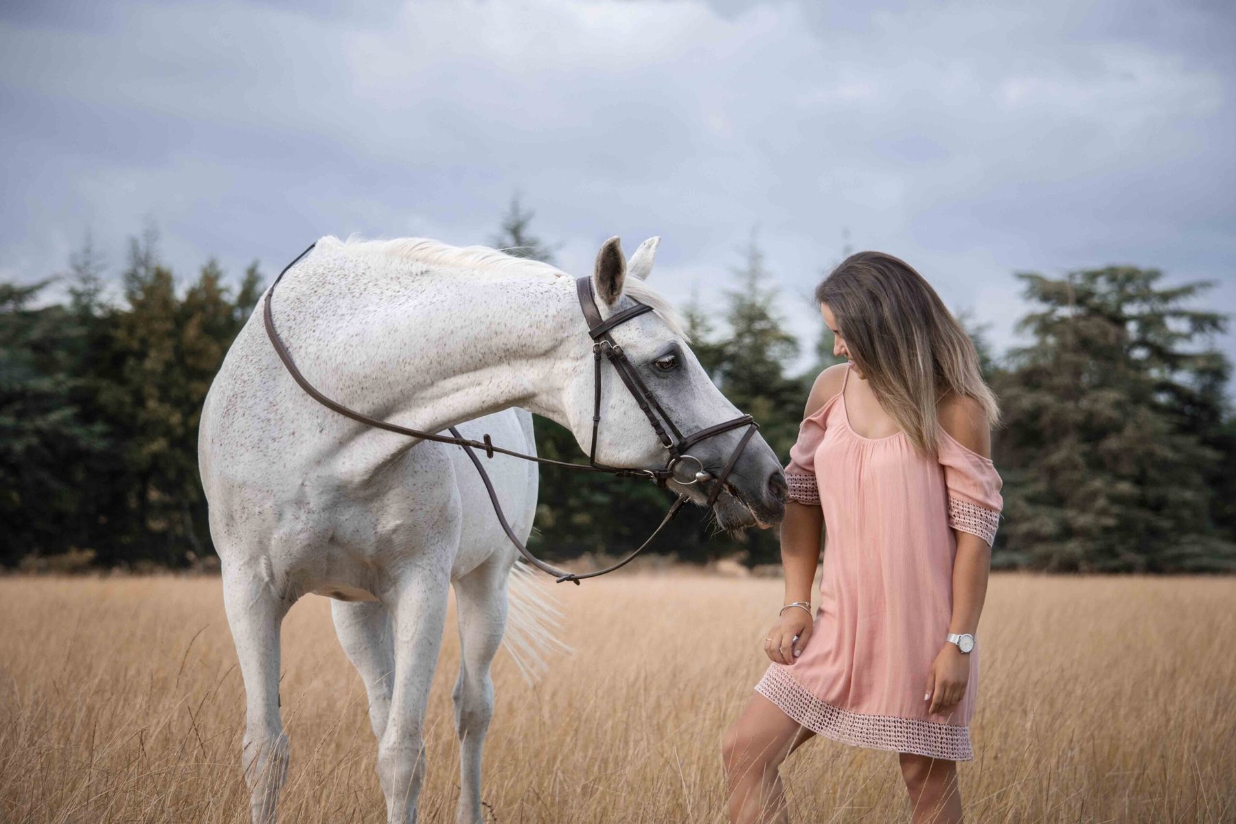 Jeune fille marchant avec son cheval blanc dans un champ