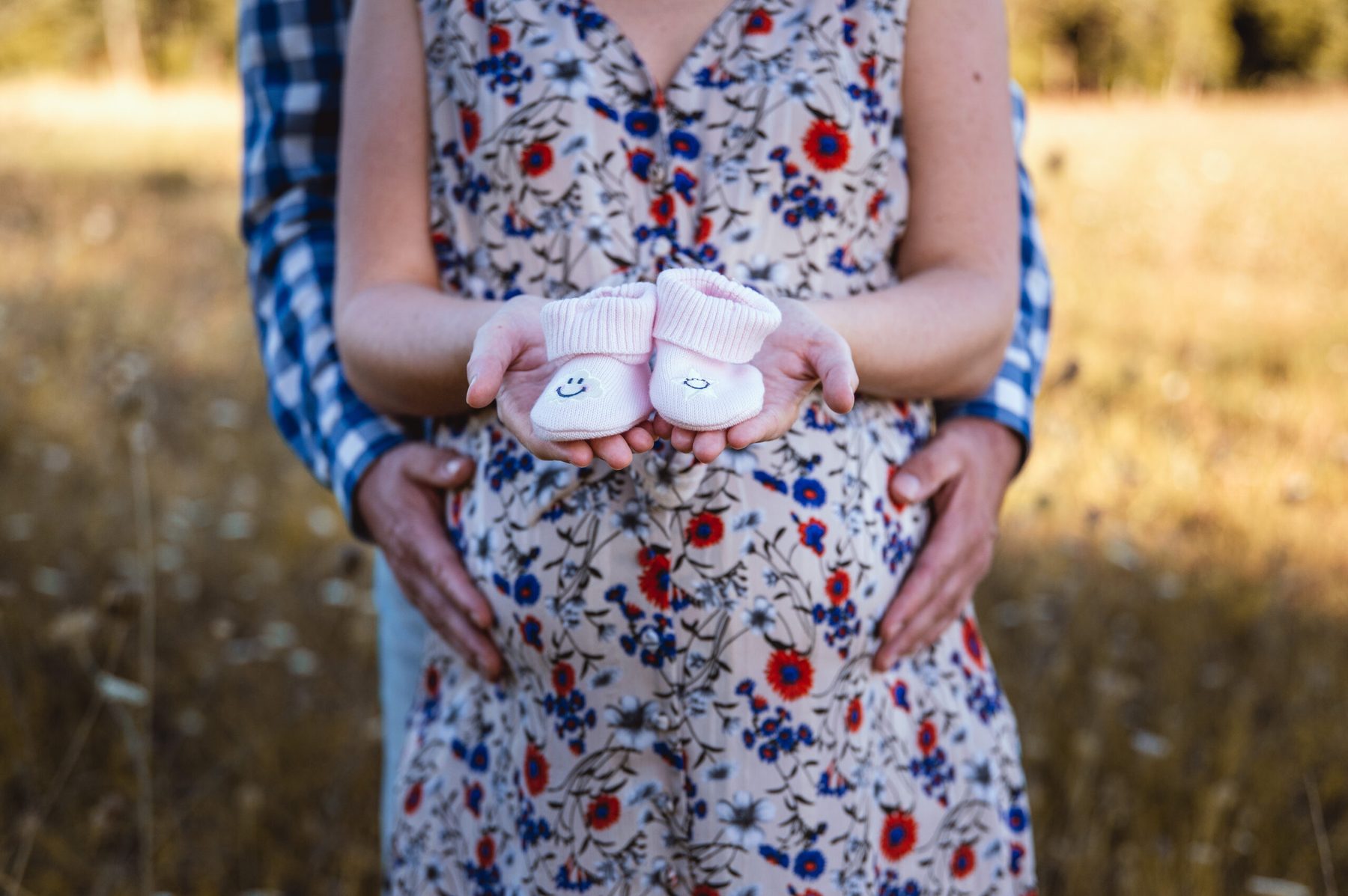 Femme enceinte, mains posées sur le ventre, lumière naturelle, Tarn